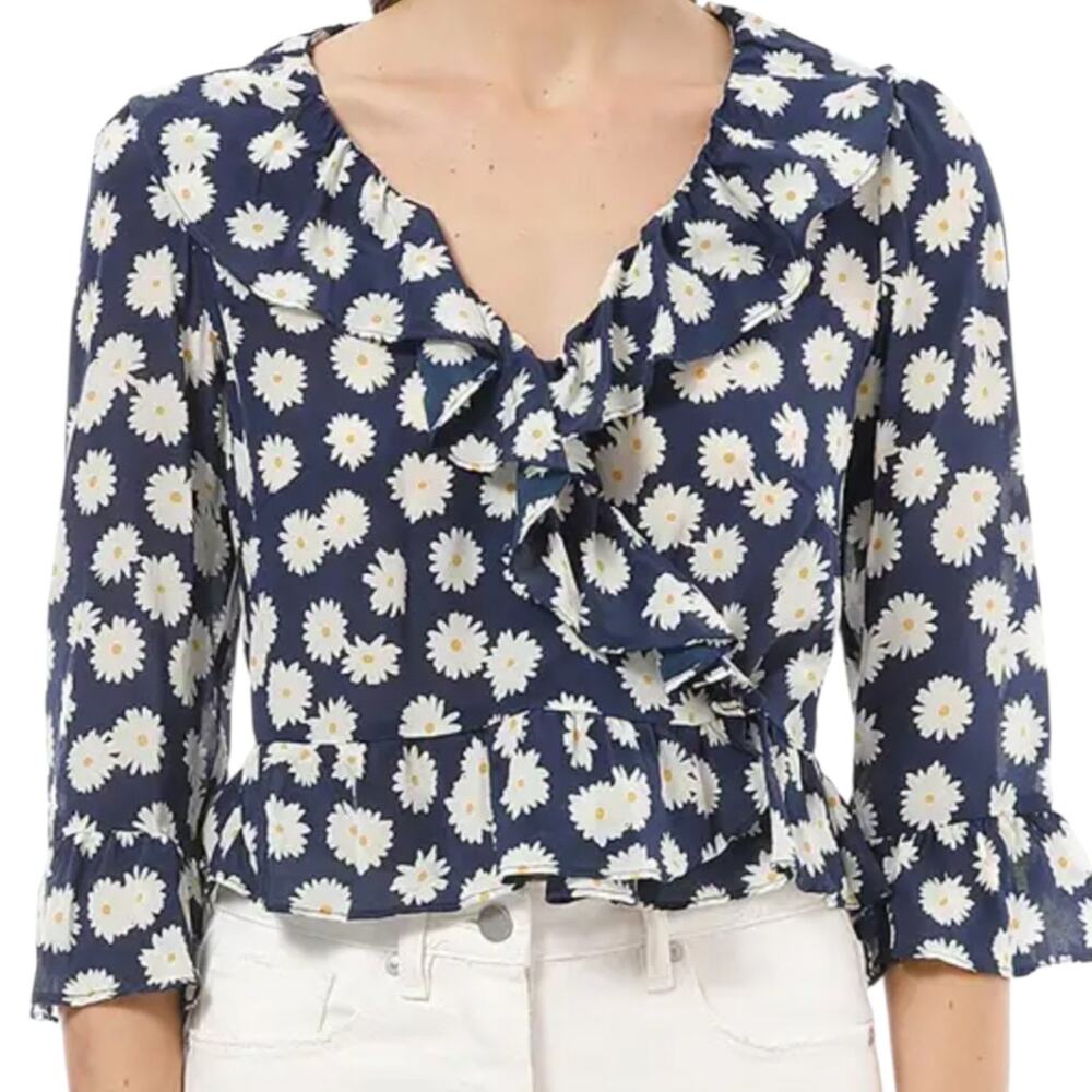 Women's Realisation Par The Cher Top Blue Daisy Print Blouse Silk Ruffled Crop M